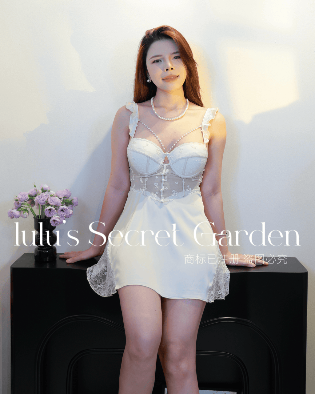 LULU 1064-Pure & Sexy Goddess Homewear Sheer Pearl-Embellished Built-in Bra Camisole Deep V-Neck Date Night Lingerie Dress"