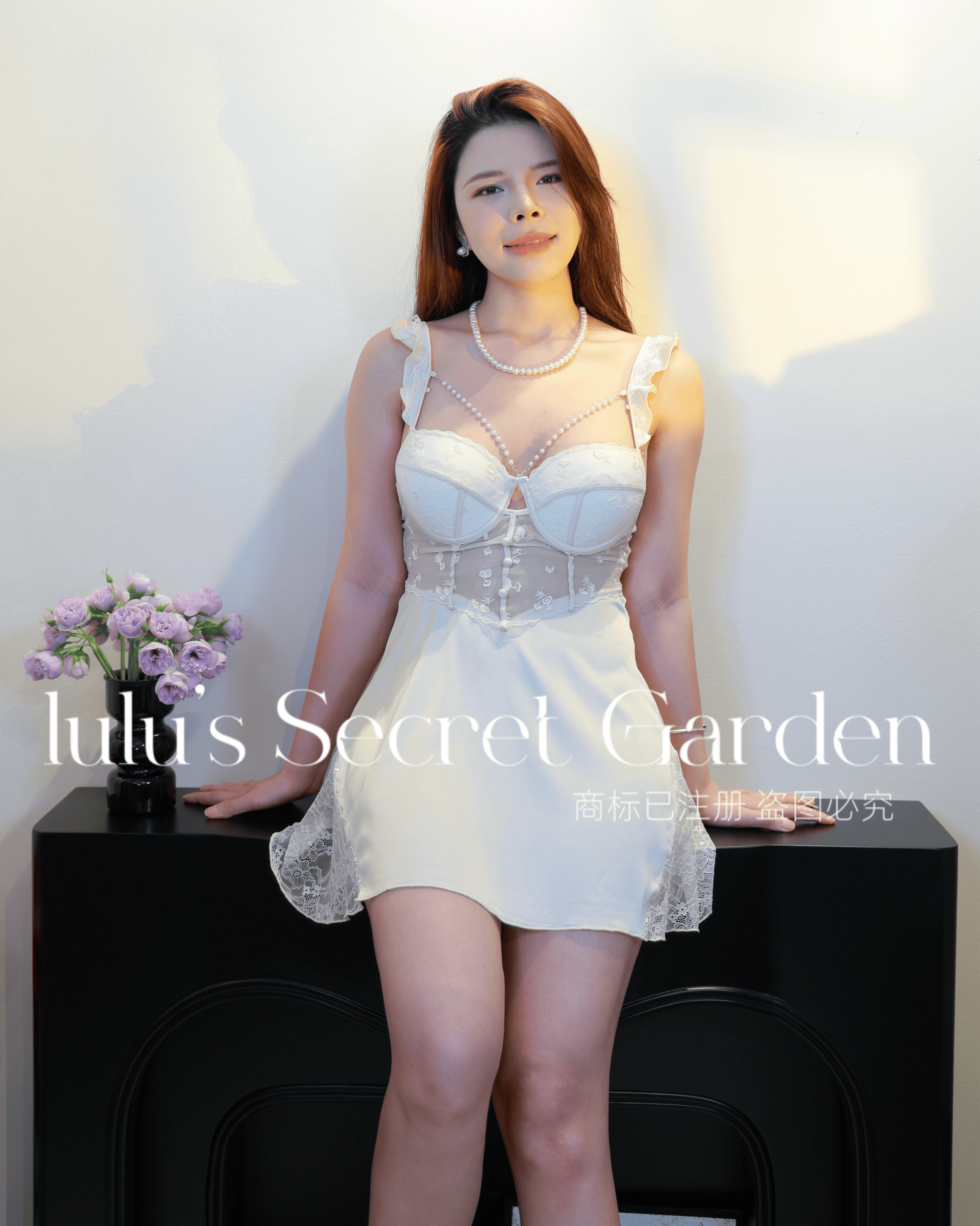 LULU 1064-Pure & Sexy Goddess Homewear Sheer Pearl-Embellished Built-in Bra Camisole Deep V-Neck Date Night Lingerie Dress"