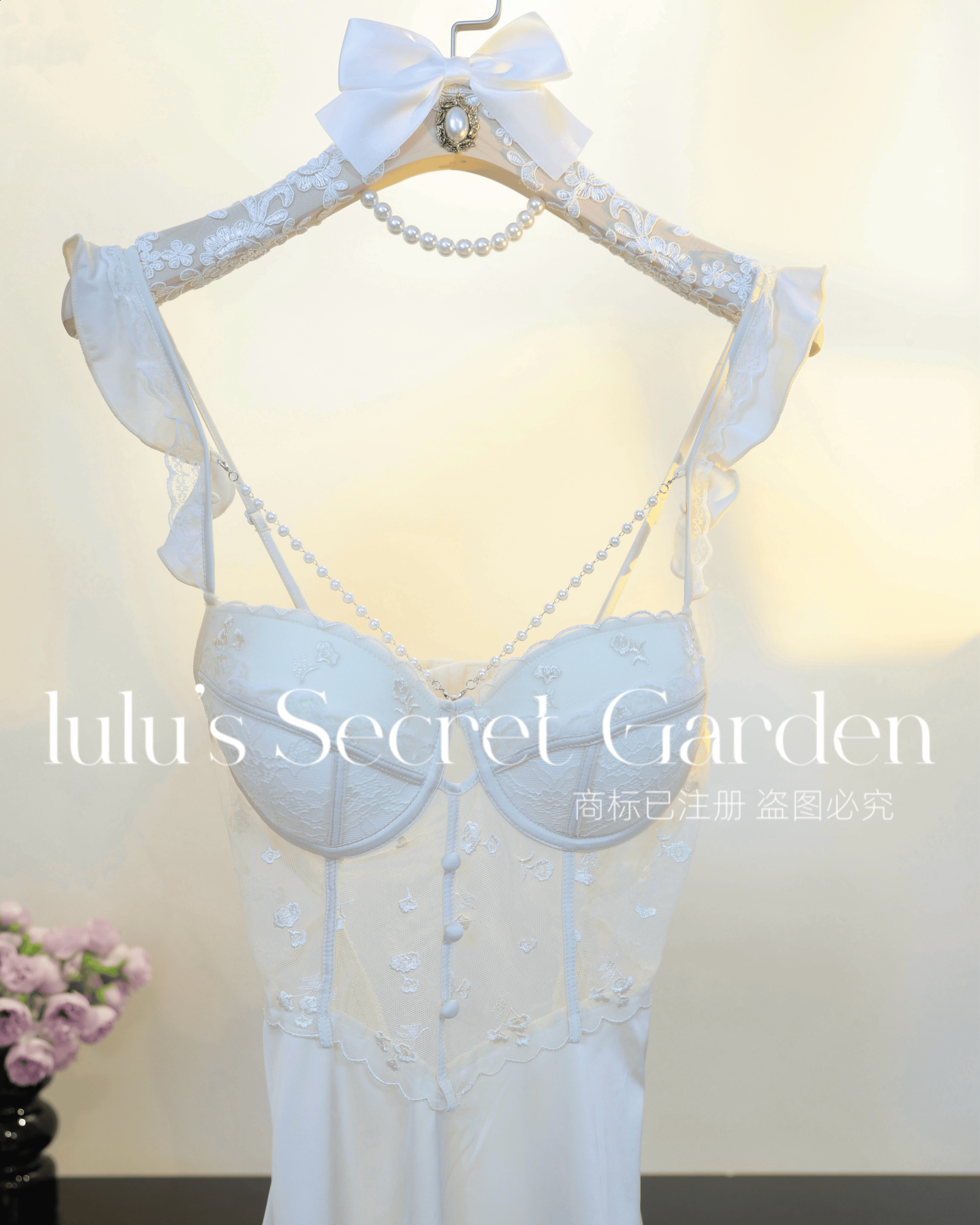 LULU 1064-Pure & Sexy Goddess Homewear Sheer Pearl-Embellished Built-in Bra Camisole Deep V-Neck Date Night Lingerie Dress"