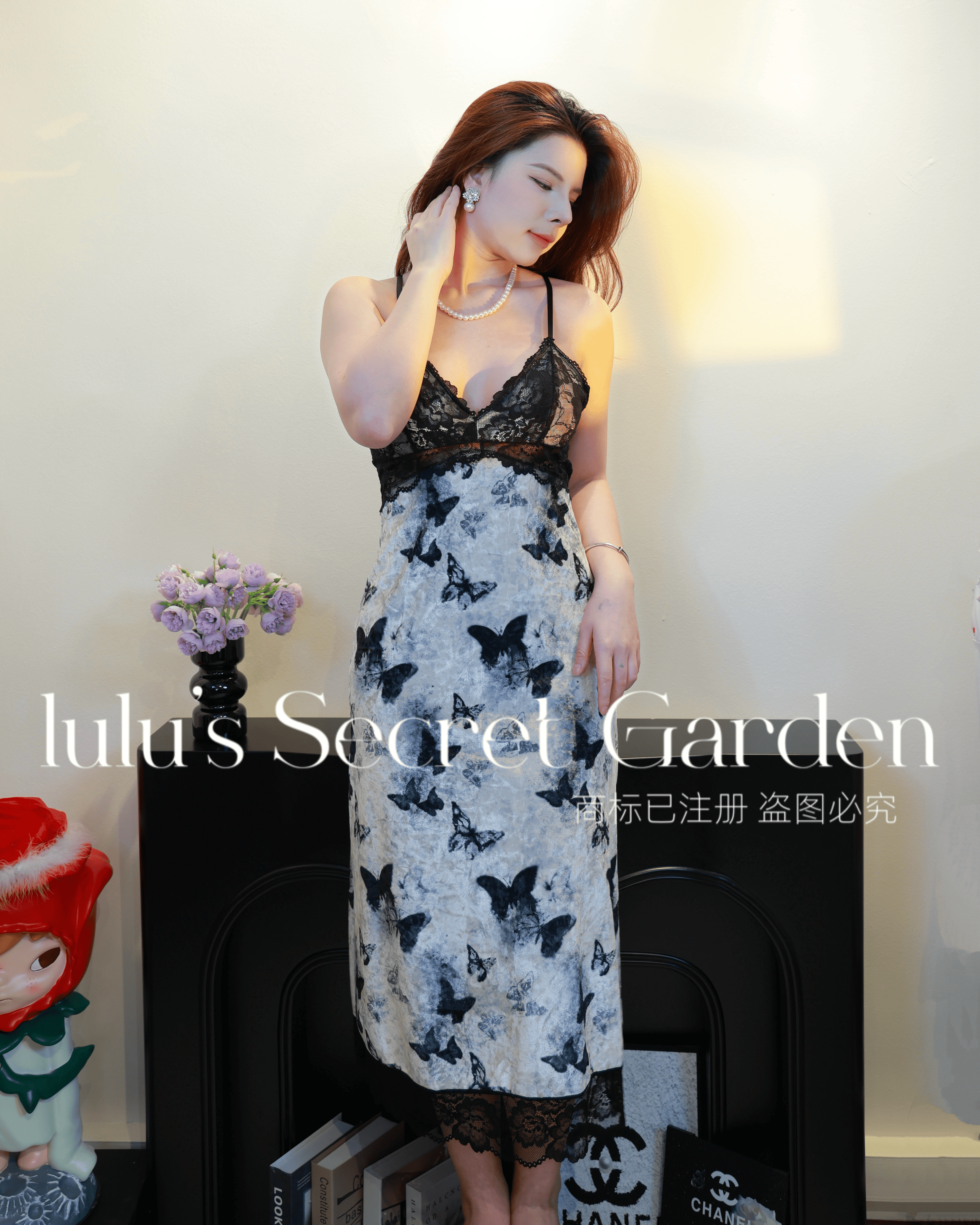LULU 1094-Plus Size Padded Velvet Nightdress – Pure Desire Style with Butterfly Print and Long Camisole Design