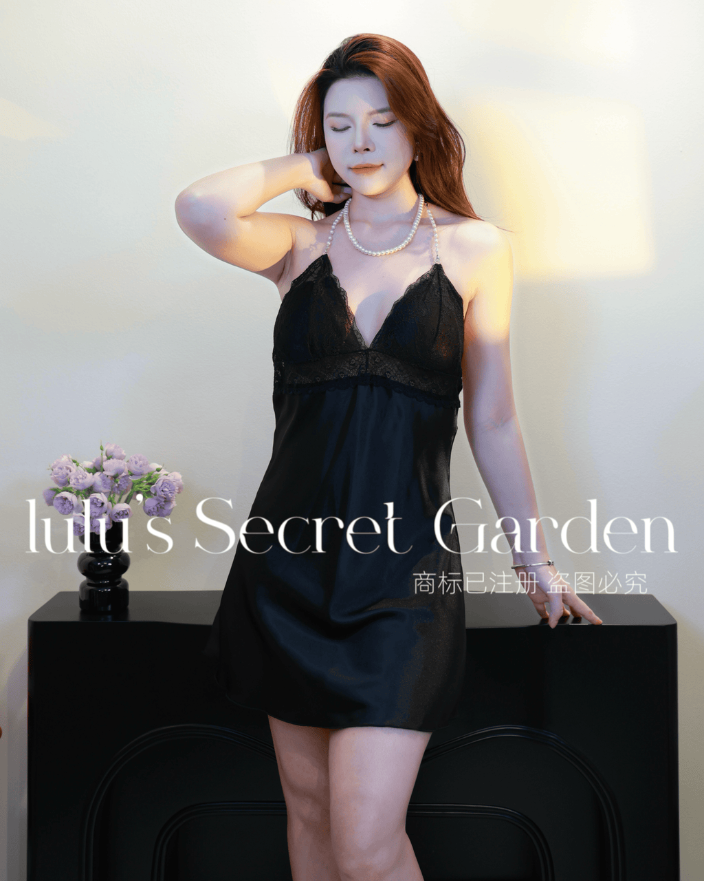 LULU 1075-Sexy Backless Nightdress with Built-in Bra, Pearl Strap Halter, Women's Loungewear & Date Night Sleepwear