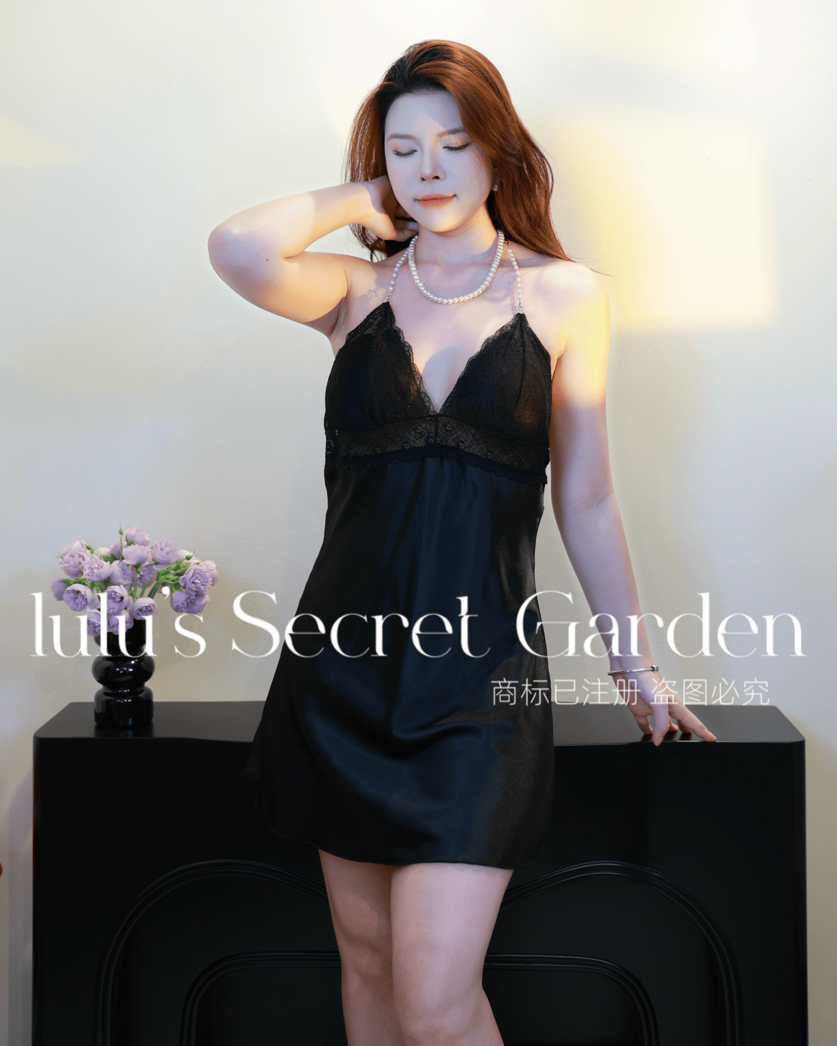 LULU 1075-Sexy Backless Nightdress with Built-in Bra, Pearl Strap Halter, Women's Loungewear & Date Night Sleepwear