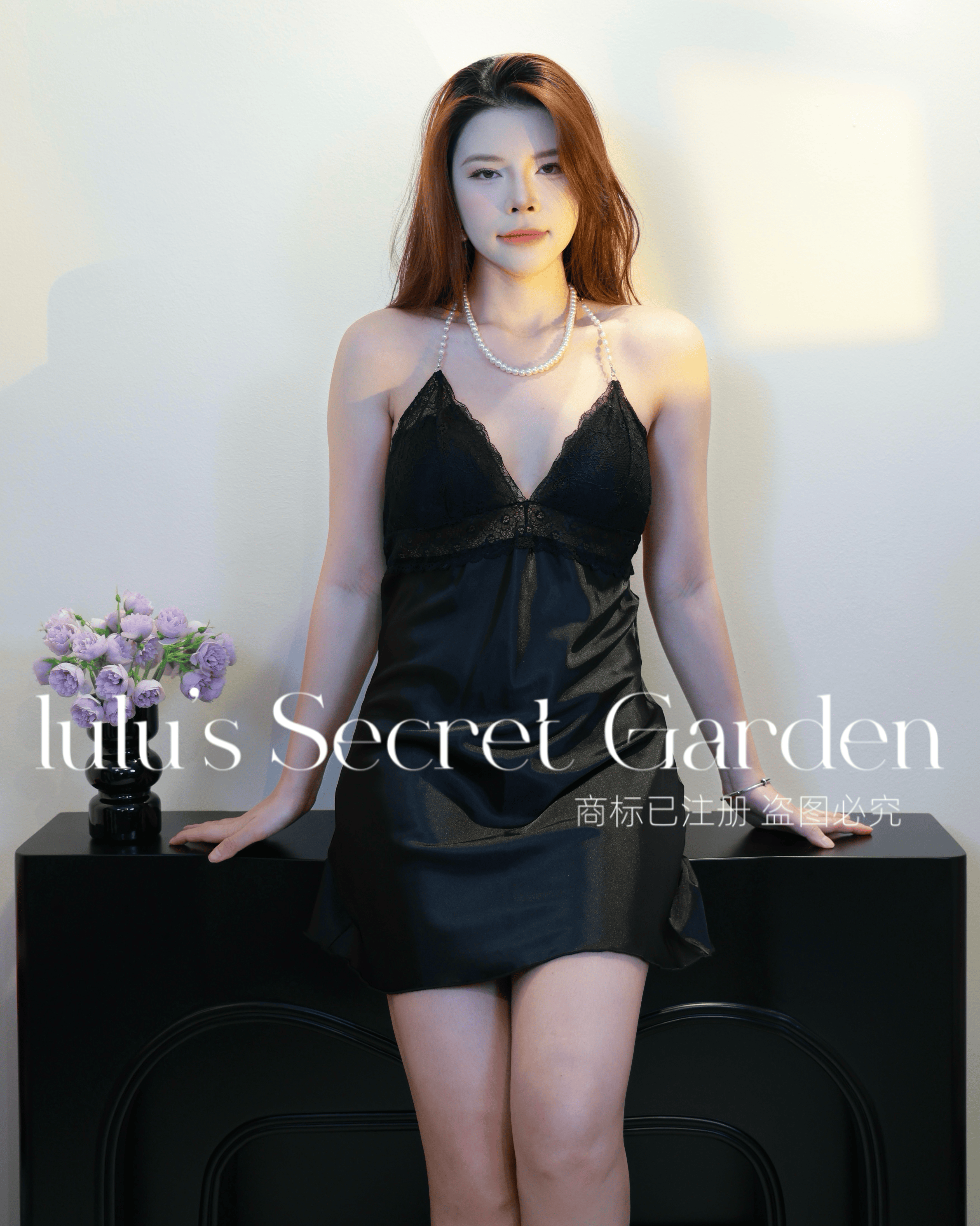 LULU 1075-Sexy Backless Nightdress with Built-in Bra, Pearl Strap Halter, Women's Loungewear & Date Night Sleepwear