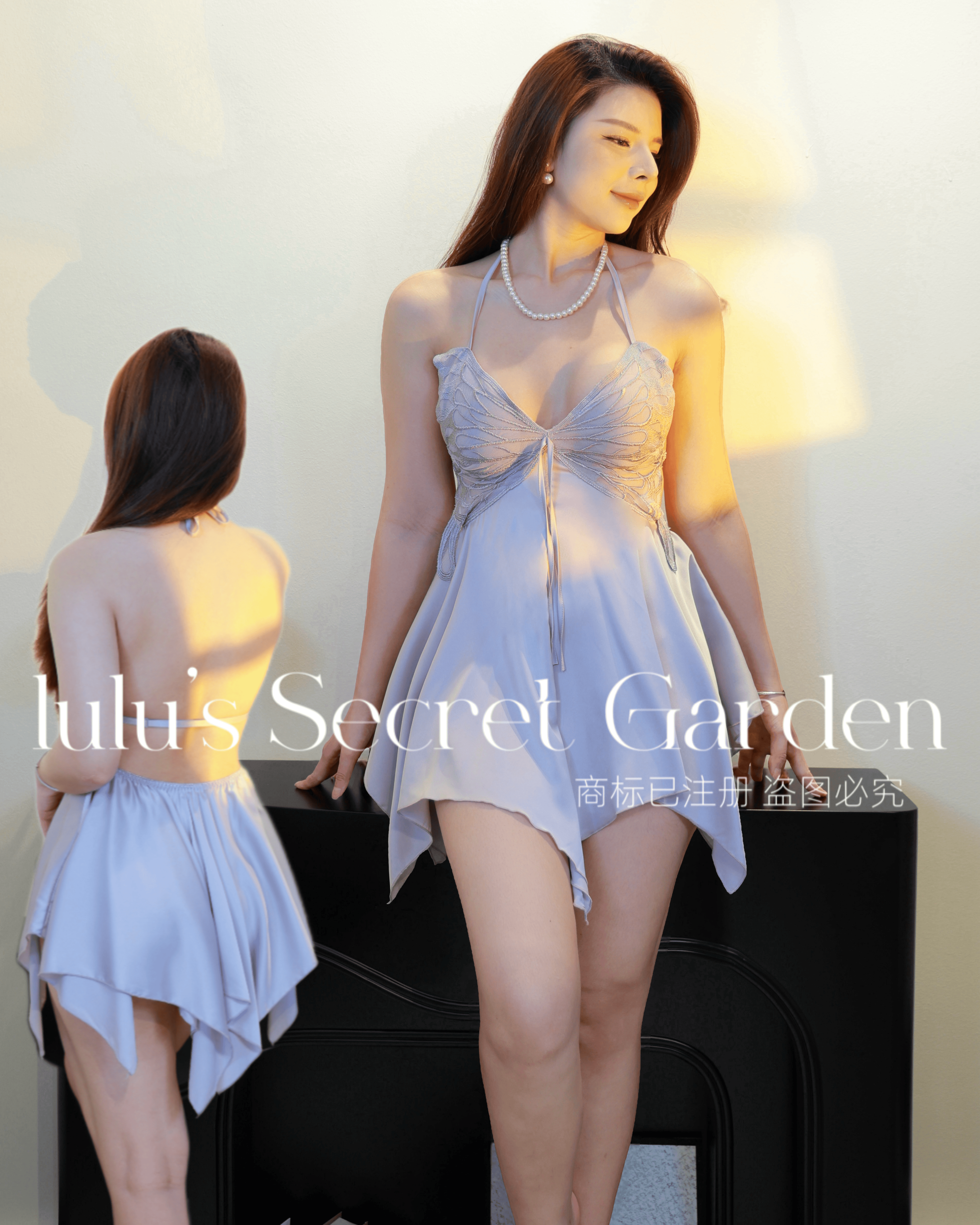 LULU 1026-Sexy Backless Butterfly Design Ice Silk Comfortable Minimalist Home Nightdress Pajama Set
