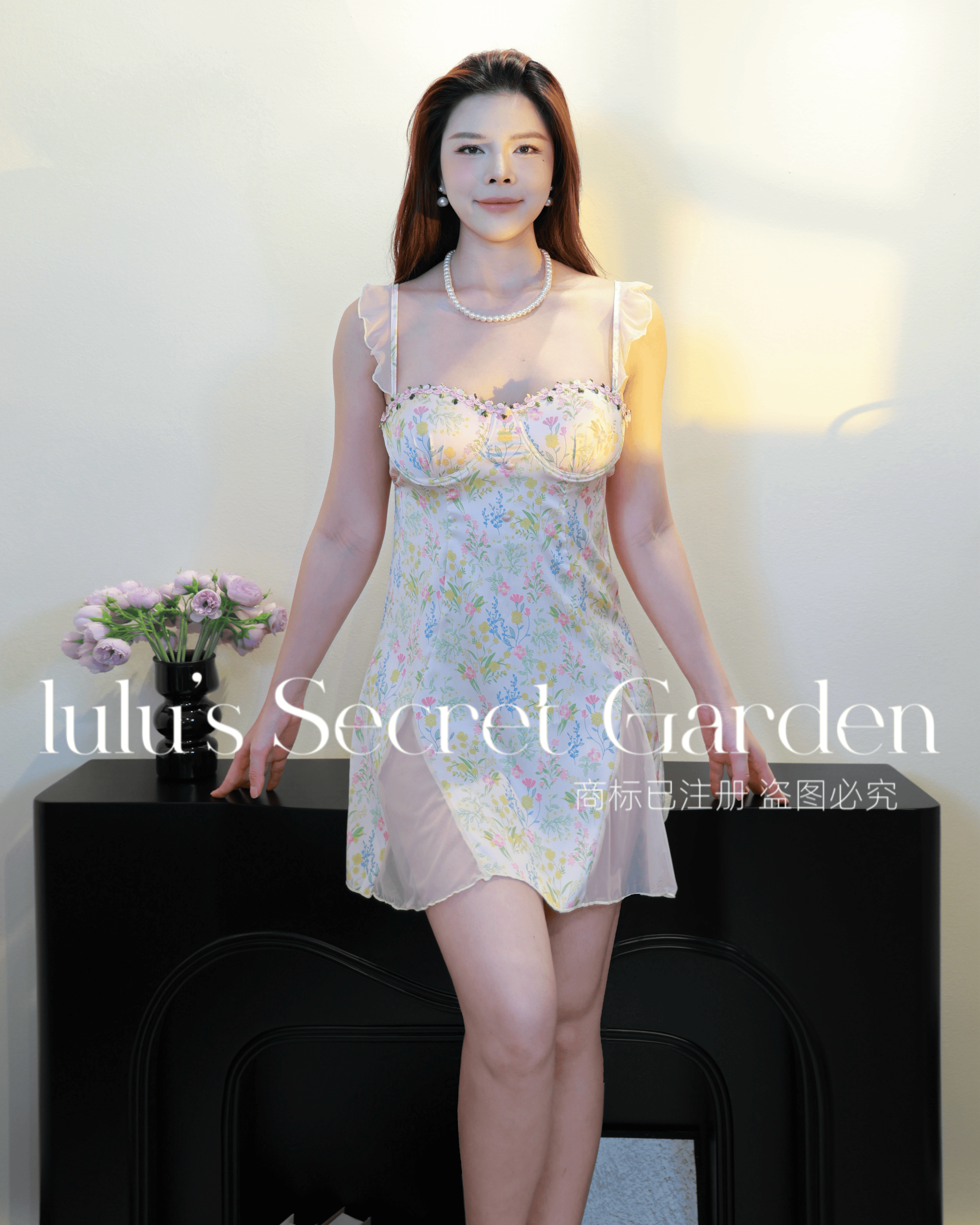LULU 1160 - sweet flutter sleeve sexy backless nightdress with built-in padding, made of silky ice fabric for a comfortable home look