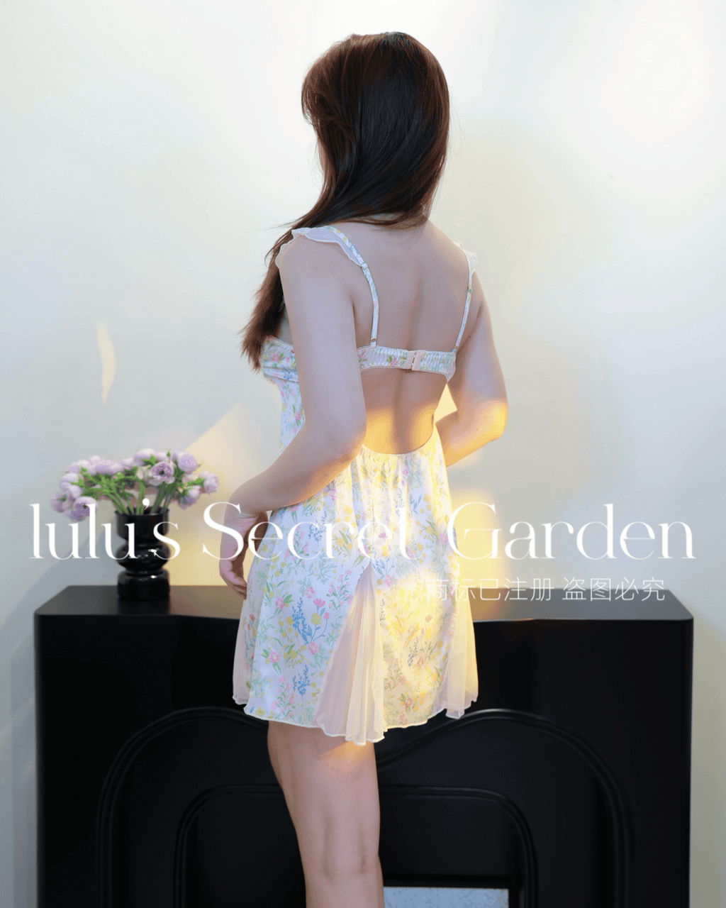 LULU 1160 - sweet flutter sleeve sexy backless nightdress with built-in padding, made of silky ice fabric for a comfortable home look