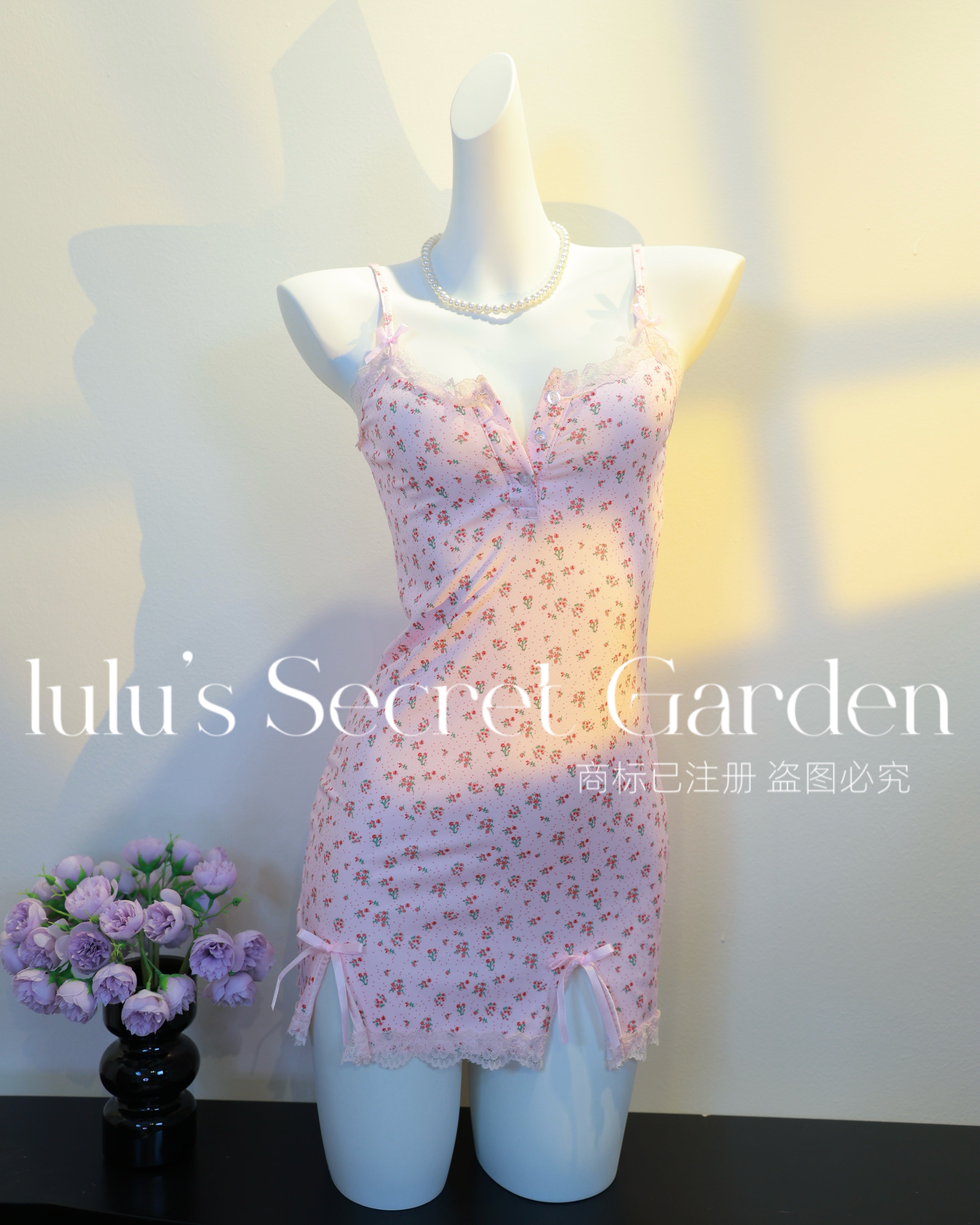 LULU 1039-Sweet Floral Homewear Series – Sexy Body-Shaping Camisole Nightdress (No Padding)